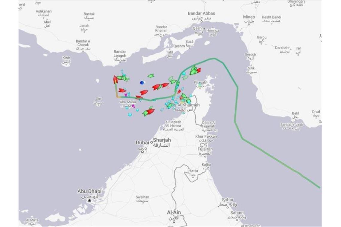 Großbritannien droht dem Iran in Tankerkrise Der Screenshot der Webseite Marine Traffic zeigt die Route des Öltankers „Mesdar“, der der in Glasgow ansässigen Firma Norbulk gehört. Foto: Marinetraffic.Com/Press Association Images