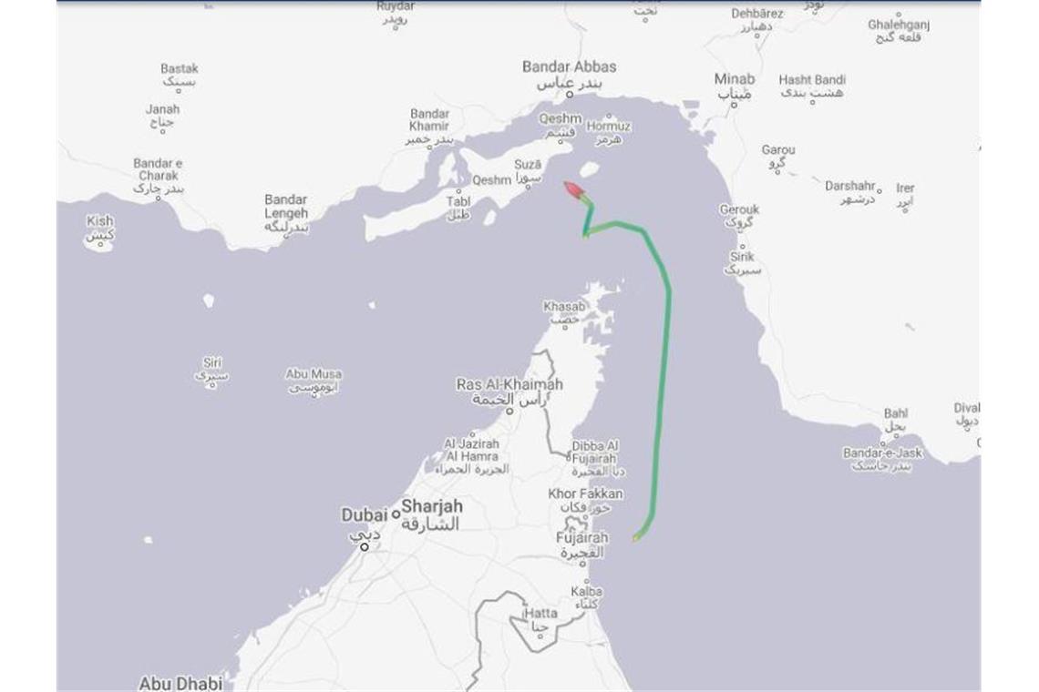 Der Screenshot der Webseite Marine Traffic zeigt die Route der „Stena Impero“, die nach Norden in Richtung Iran zu fahren scheint. Foto: Marinetraffic.Com/Press Association Images