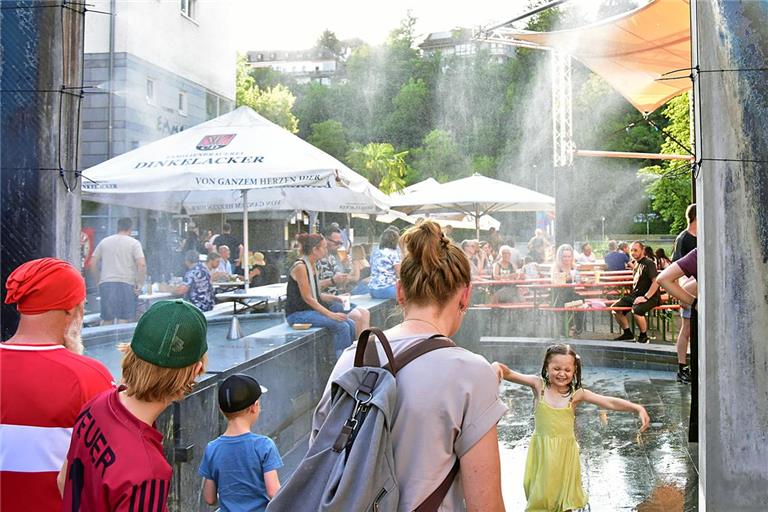 Der Sprühnebel im Brunnen am Willy-Brandt-Platz ist in diesem Jahr heiß begehrt. Foto: Tobias Sellmaier