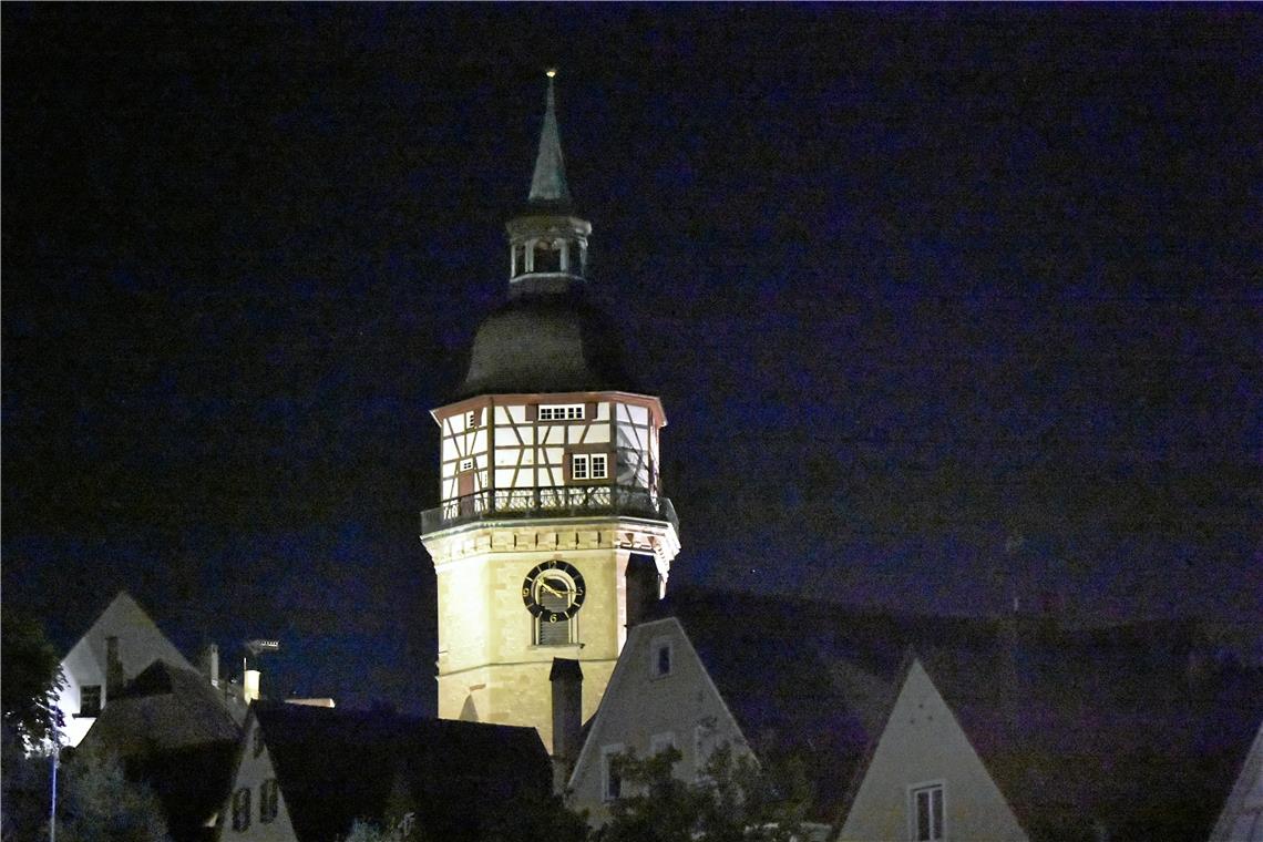 Licht aus für die Insekten Der Stadtturm ist auch nachts hell erleuchtet. Dabei ist das nach einem neuen Gesetz zum Schutz der Insekten eigentlich seit April untersagt. Eine Ausnahmegenehmigung könnte beantragt werden. Foto: T. Sellmaier