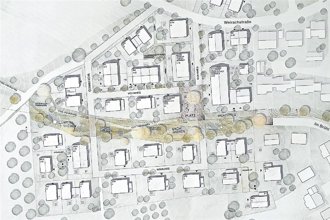 Der städtebauliche Entwurf für das Neubaugebiet Brühl VI wird jetzt nochmals überarbeitet und dann wieder öffentlich vorgestellt. Plan: Architekturbüro Hähnig/Gemmeke / Foto: F. Muhl