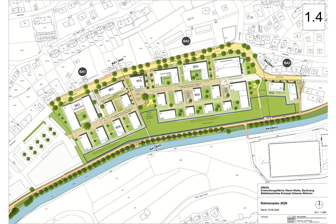 Der städtebauliche Rahmenplan für die Obere Walke: Im ersten Bauabschnitt (BA1) sind ein Pflegeheim (1.1), ein Büro- oder Ärztehaus (1.2) und mehrere Wohngebäude (1.3–1.8) geplant. Als städtebaulicher Akzent soll am zentralen Quartiersplatz ein achtstöckiges Gebäude (2.1) entstehen. Die Grünfläche zur Murr dient als Retentionsraum bei einem Hochwasser. Plan: Büro Wick+Partner