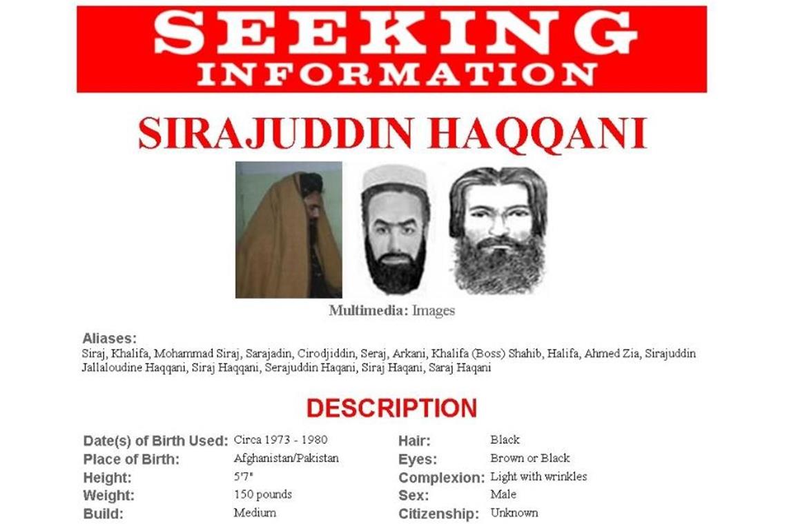 Der Steckbrief von Siradschuddin Hakkani auf der Homepage der amerikanischen Bundespolizei FBI unter der Rubrik „Most Wanted Terrorists“. Foto: FBI.gov/dpa