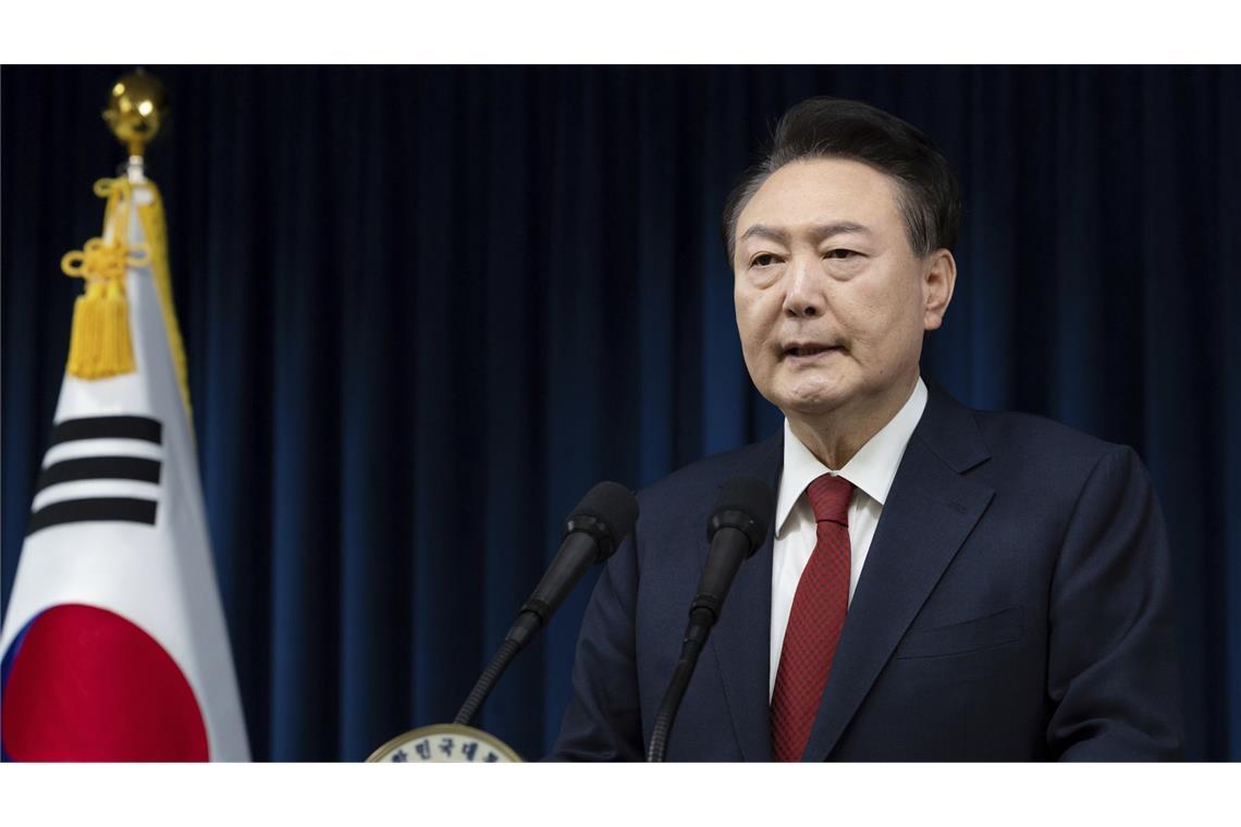 Amtsenthebung von Präsident Yoon Suk Yeol im Parlament gescheitert Der südkoreanische Präsident Yoon Suk Yeol spricht im Präsidialamt in Seoul, Südkorea.
