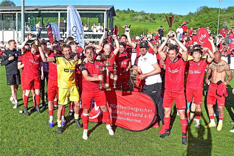 Der SV Allmersbach bejubelt den erneuten Triumph im Bezirkspokal. Foto: Tobias Sellmaier