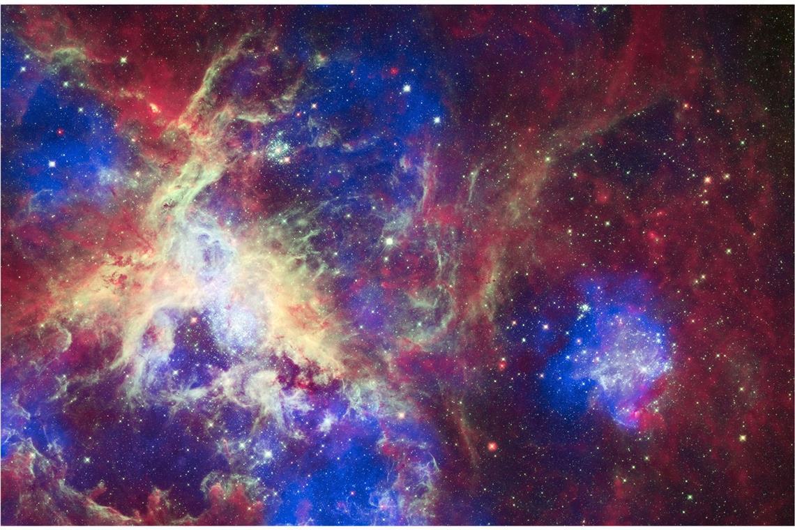 Woher kommt der Mensch? Eine Spurensuche im Kosmos Der Tarantelnebel, auch 30 Doradus genannt, ist die Bezeichnung eines in der Großen Magellanschen Wolke im Sternbild Schwertfisch (Dorado) gelegenen Emissionsnebels. Trotz seiner Entfernung von 179 000 Lichtjahren zur Erde ist er schon mit kleinen Fernrohren zu beobachten.