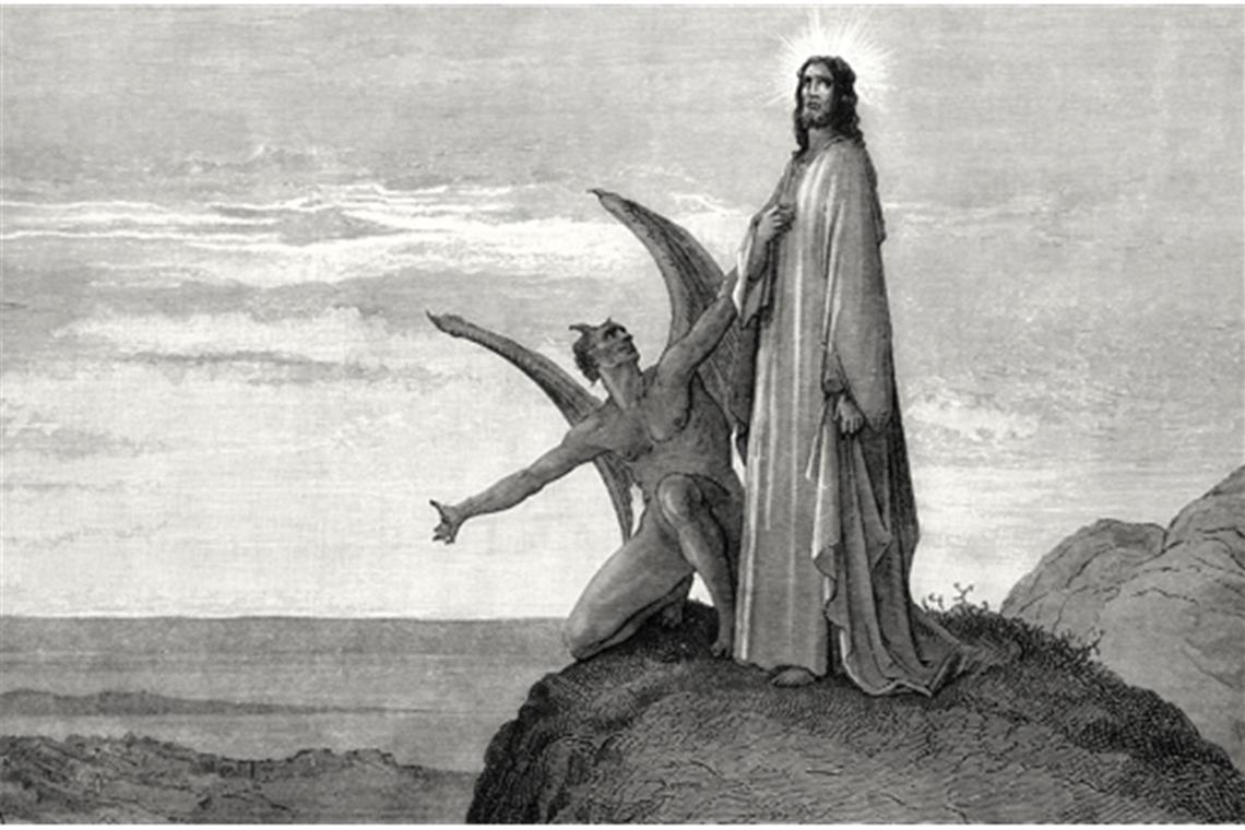 Satan - Fürst der Finsternis Der Teufel versucht Jesus in der Wüste (Illustration von Gustave Doré , 1832-1883).