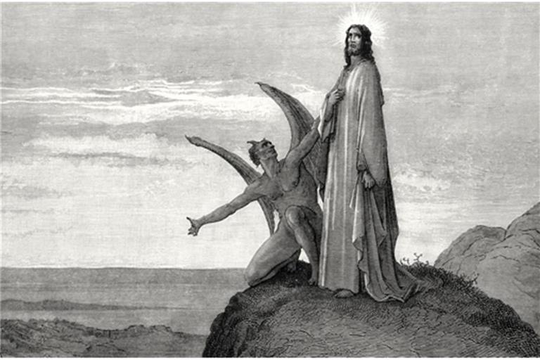 Satan - Fürst der Finsternis Der Teufel versucht Jesus in der Wüste (Illustration von Gustave Doré , 1832-1883).