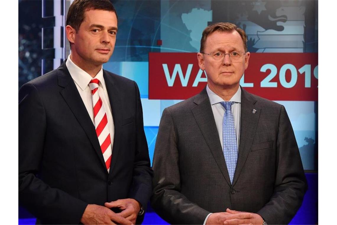 Thüringer CDU will mit Rot-Rot-Grün über Projekte sprechen Der thüringische CDU-Landesvorsitzende Mike Mohring und Linken-Ministerpräsident Bodo Ramelow nach der Wahl am 27. Oktober. Foto: Martin Schutt/zb/dpa