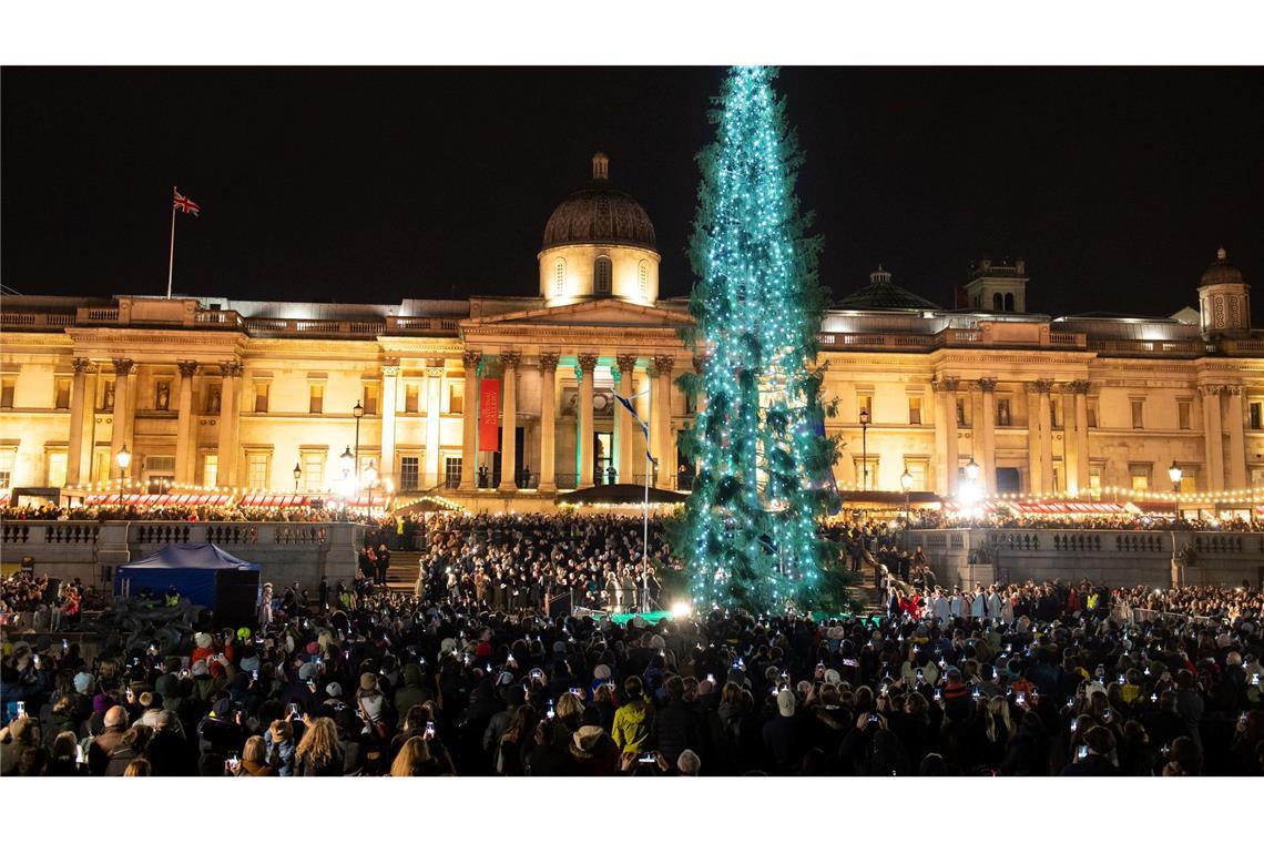 Der traditionell von Norwegen geschenkte Baum 2019 auf dem Trafalgar Square: Über 20 Meter hoch, schlicht dekoriert und ein Symbol der britisch-norwegischen Freundschaft seit 1947. (Archivbild)