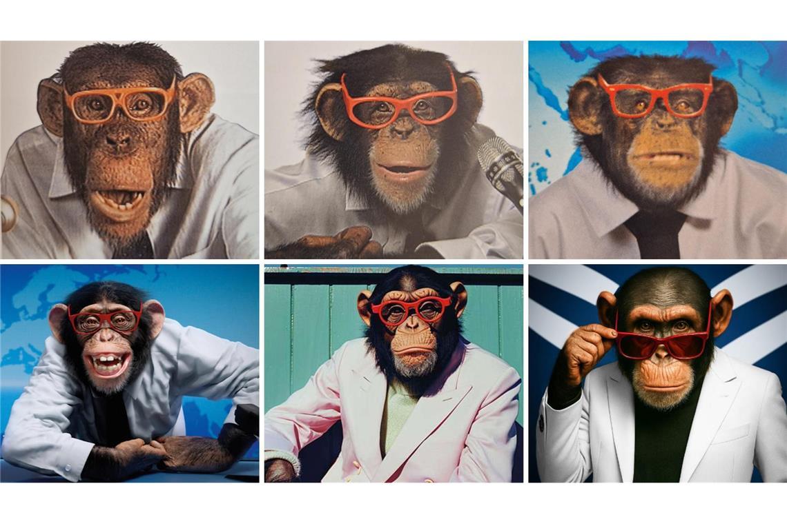 Der Trigema-Affe im Laufe der Zeit (von links oben nach rechts unten): 1990, 2005, 2012, ab 2018, 2024 und 2025.