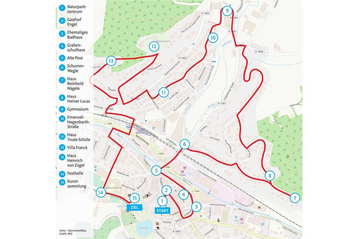 Malerweg in Murrhardt wird eröffnet Der Verlauf des Murrhardter Malerwegs und seine Stationen. Grafik: BKZ