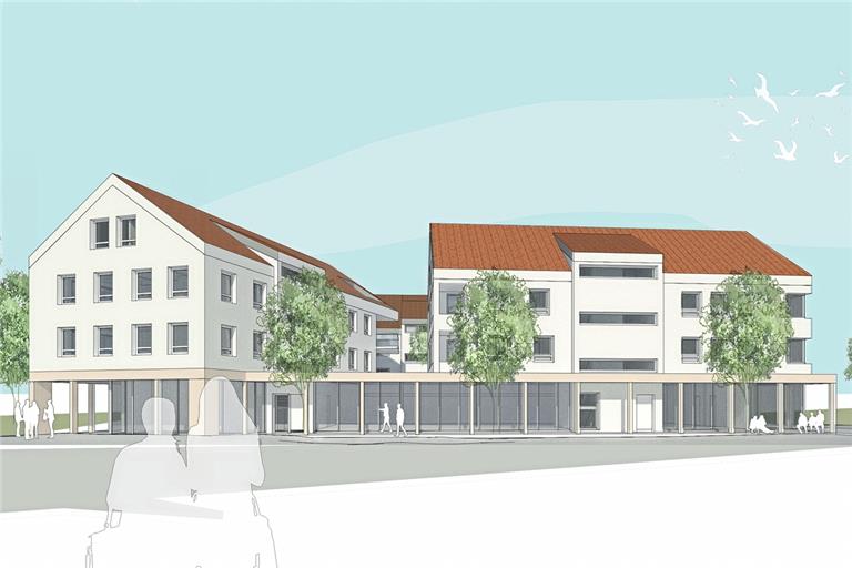 Der Vorentwurf sieht einen Gebäudekomplex mit gemeinsamem Sockel im Erdgeschoss vor, der zur Welzheimer Straße hin eine Gewerbeeinheit mit Arkaden beinhaltet. Visualisierung: Stammler Architekten
