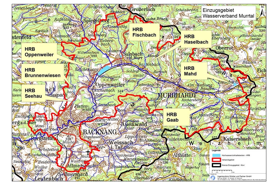 Der Wasserverband (rote Linie) möchte im Einzugsbereich der Murr (schwarze Linie) mit sieben Rückhaltebecken die Murr bändigen.Karte: IWP