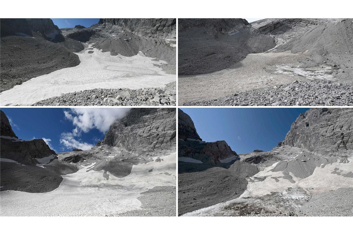 Fotos zeigen, wie der Klimawandel Deutschland verändert Der Watzmanngletscher in den Jahren 2021 bis 2024 (von links nach rechts in zwei Zeilen).
