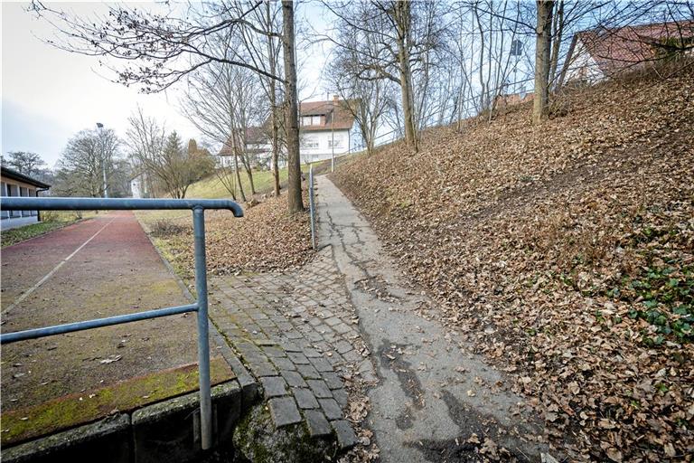 Der Weg von der Straße Im Rank bis zur Gemeindehalle ist steil, schmal und weist an einigen Stellen Risse auf. Foto: Alexander Becher