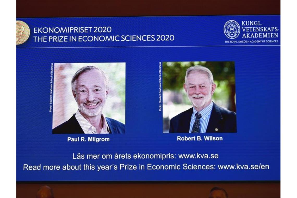 Wirtschaftsnobelpreis für Auktionsforscher aus den USA Der Wirtschaftsnobelpreis geht in diesem Jahr an Paul R. Milgrom und Robert B. Wilson. Foto: Anders Wiklund/TT News Agency/AP/dpa