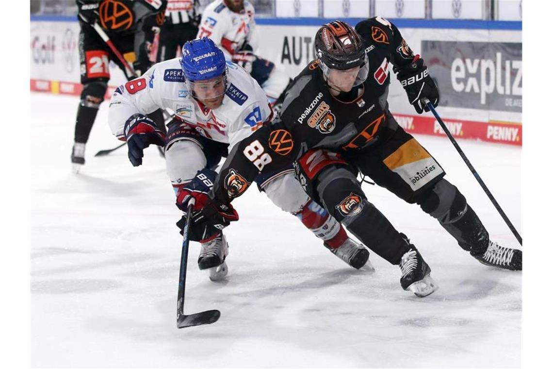 Adler Mannheim müssen Kapitän Smith ersetzen Der Wolfsburger Max Görtz (r) spielt gegen den Mannheimer Ben Smith (l). Foto: Ronny Hartmann/dpa