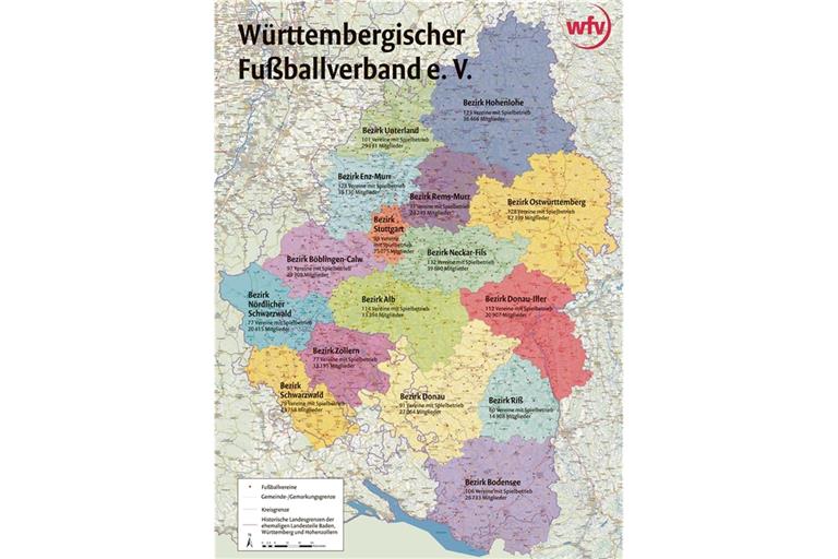 Der Württembergische Fußballverband will die Zahl der Bezirke im Jahr 2021 reduzieren. Wie diese momentan aussehen, ist in der Grafik des WFV zu sehen. Diese ist auf Datengrundlage des Landesamts für Geoinformation und Landentwicklung (LGL) und von GeoBasis-DE entstanden.