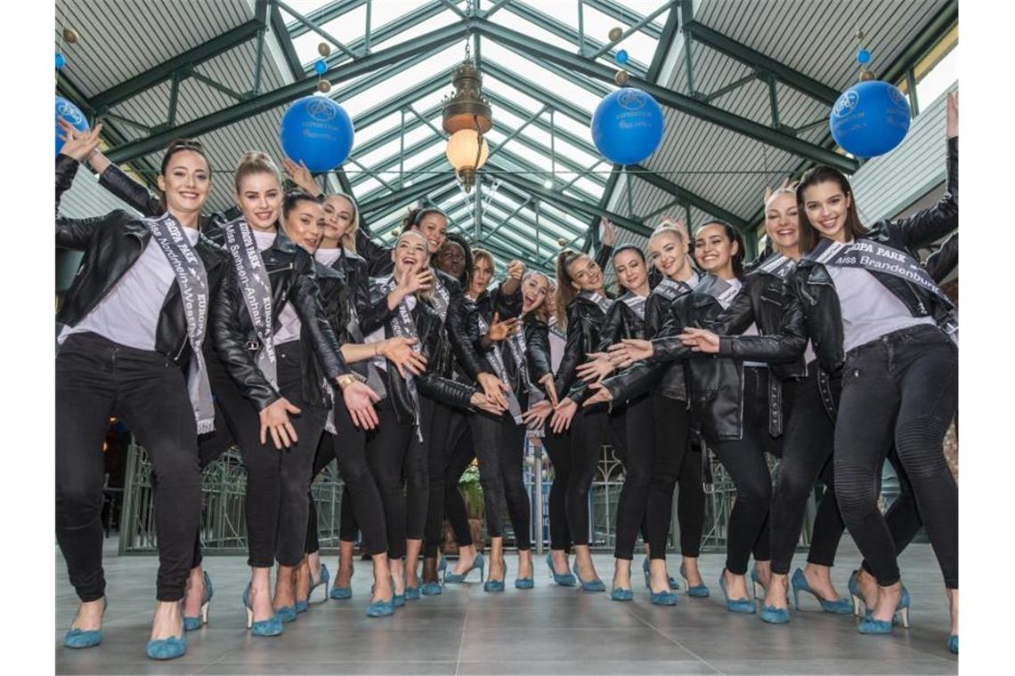 Die 16 Kandidatinnen für die Wahl der diesjährigen „Miss Germany“ stehen nebeneinander. Foto: Patrick Seeger/dpa