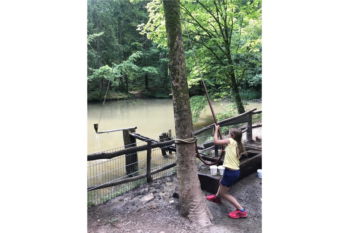 Die achtjährige Carla aus Ludwigsburg holt Wasser aus dem See. Fotos: S. Schneider-Seebeck