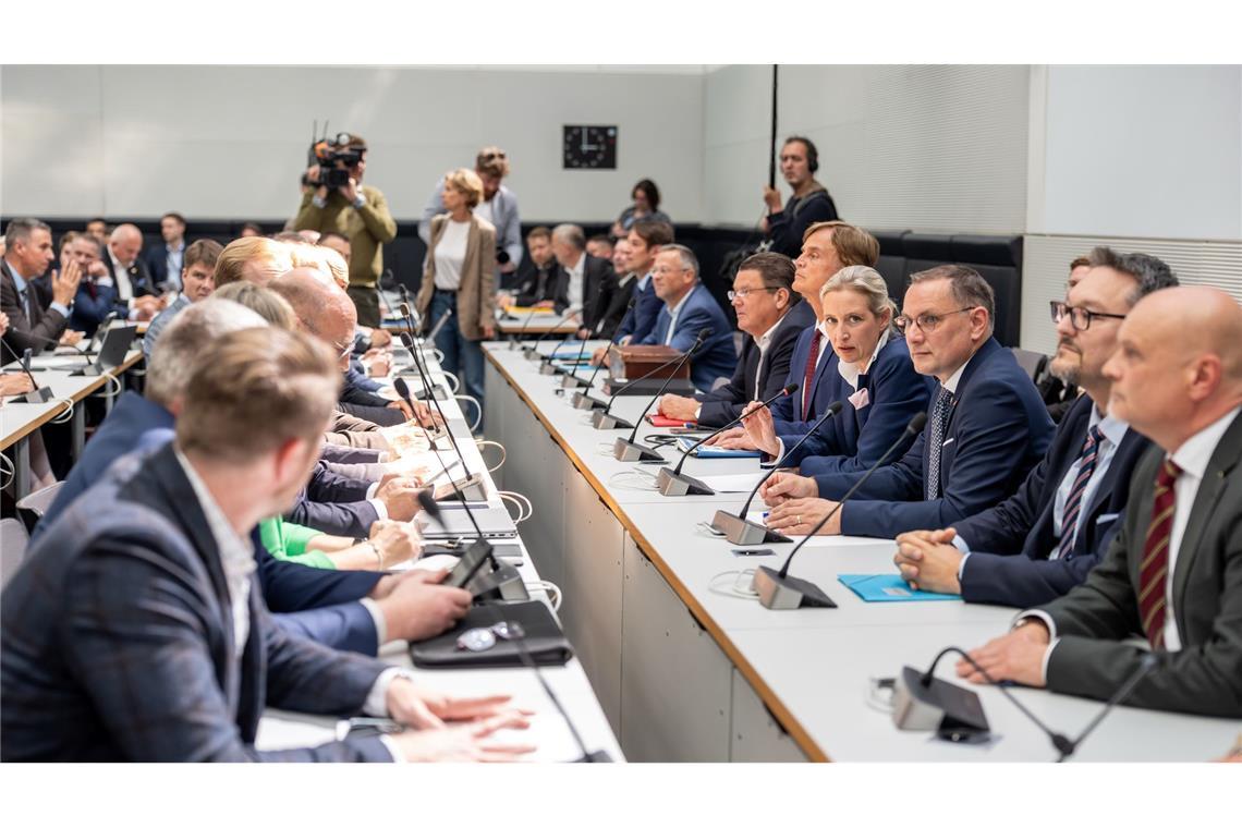 Die AfD bei einer Probesitzung im ihr zugewiesenen ehemaligen FDP-Sitzungssaal: "Das ist einfach nicht zumutbar", sagte Co-Fraktionschef Tino Chrupalla. (Archivbild)