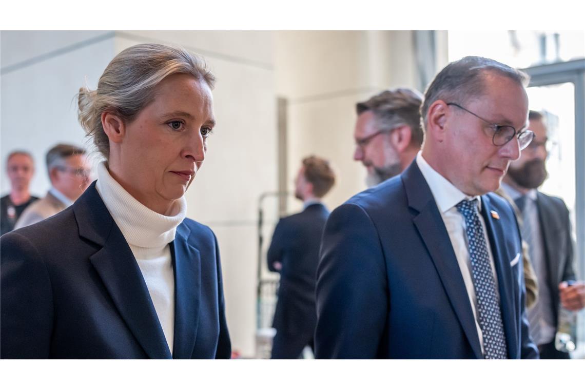 Null von sechs – AfD scheitert bei Wahl um Ausschussvorsitze Die AfD-Chefs Alice Weidel und Tino Chrupalla sind enttäuscht und kritisieren „Spielchen“ der anderen Parteien.