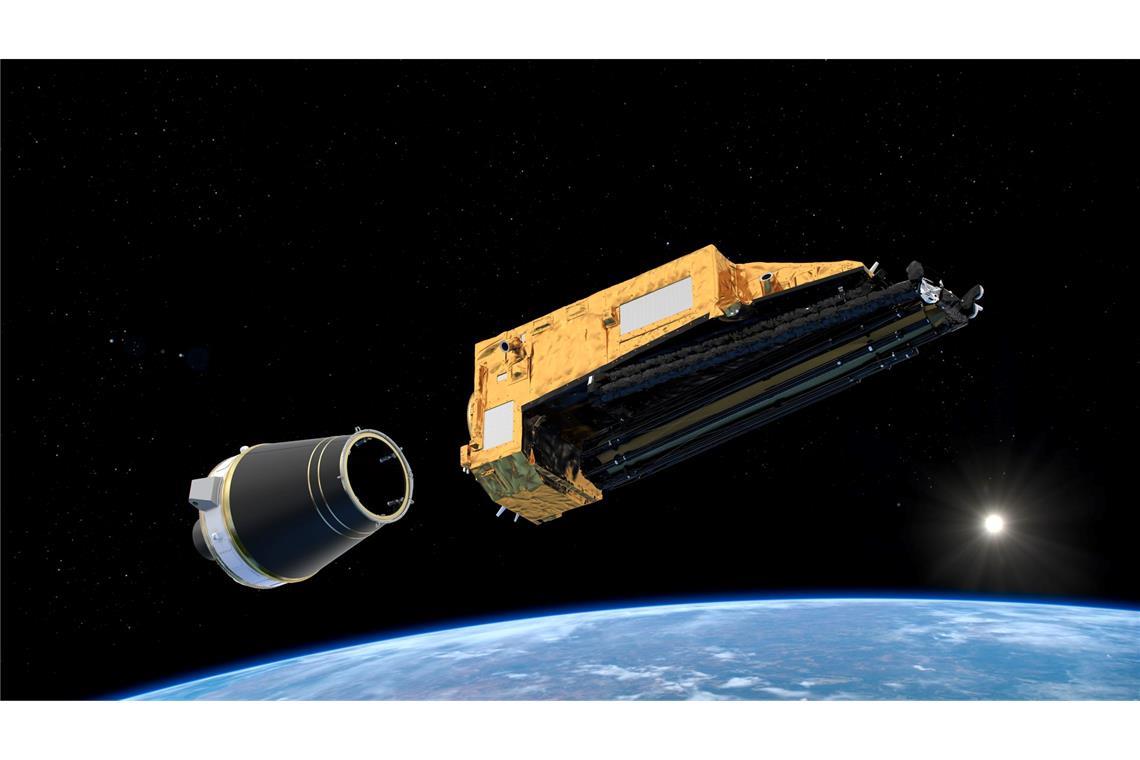 Satellit "Biomass" gestartet - Er soll Wälder vermessen Die am 23.04.2025 von der Esa zur Verfügung gestellte undatierte Illustration zeigt, wie der "Biomass"-Satellit der Esa im Orbit freigesetzt werden sollte.