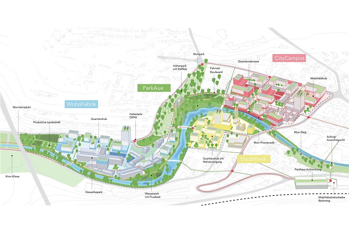 Die Architekten des Siegerentwurfs haben das 17 Hektar große IBA-Gelände in vier verschiedene Zonen aufgeteilt. Plan: Teleinternetcafe/Treibhaus