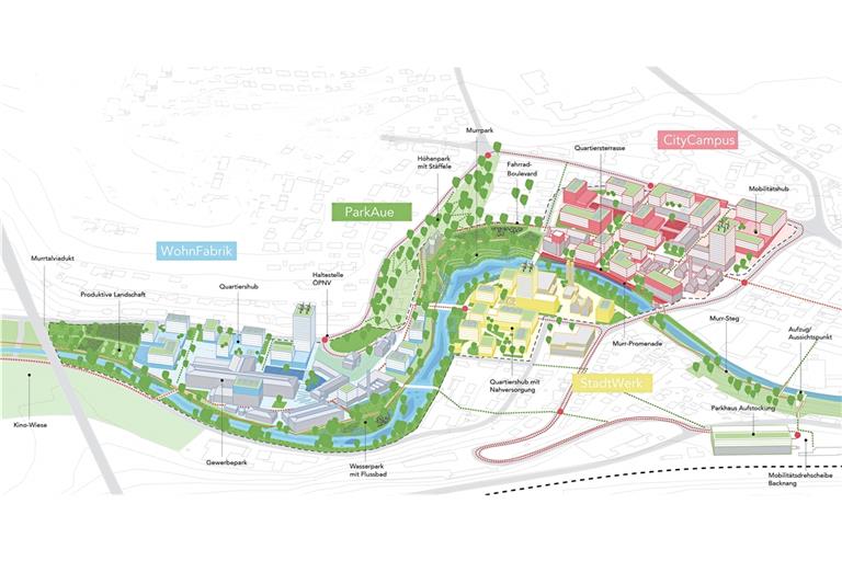 Die Architekten des Siegerentwurfs haben das 17 Hektar große IBA-Gelände in vier verschiedene Zonen aufgeteilt. Plan: Teleinternetcafe/Treibhaus