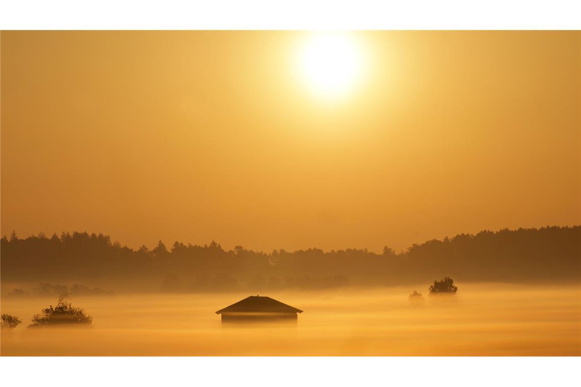 Die aufgehende Sonne färbt den Nebel rund um eine Holzscheune in Bad Buchau gelb ein.
