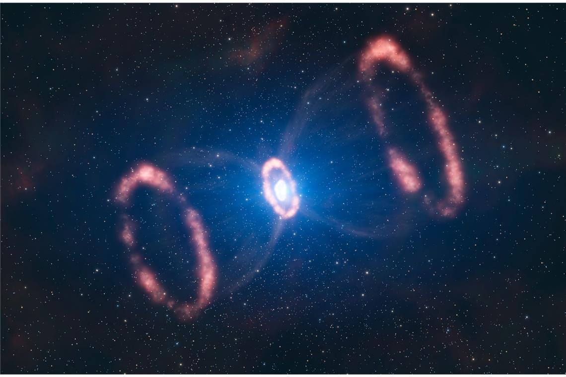 Die Aufnahme des Very Large Telescope (VLT) der ESO (European Southern Observatory) zeigt Material im inneren Kern der Supernova 1987a, das sich mit 100 Millionen Kilometern pro Stunde nach außen bewegt. Doch selbst mit dieser Geschwindigkeit benötigt die Materie des Sternes zehn Jahre, um einen umliegenden Ring aus Gas und Staub zu erreichen. Bei den beiden großen Ringen rechts und links handelt es sich um Wölkchen, die der Stern sehr lange vor der Explosion ausgestoßen hat.