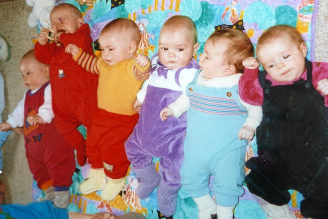 Die Babys der sechs teilnehmenden Familien im Alter von drei Monaten.