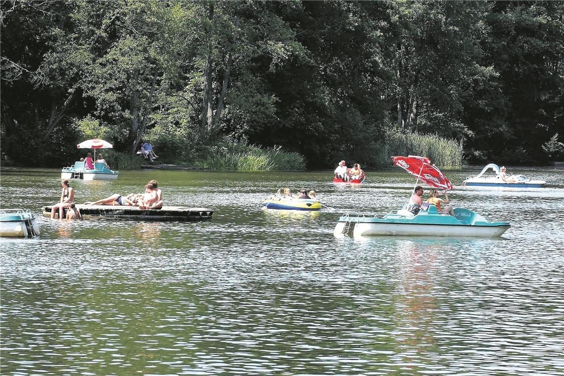 Streit um Badeinsel im Ebnisee Die Badeinsel im Ebnisee war ein beliebter Zielpunkt und Zwischenstopp für die Schwimmer, wie man auf dem Foto sieht, das im Juli 2004 entstand. Archivfoto: H. Zürn