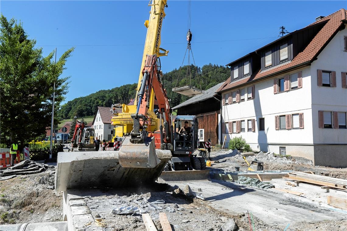 Die Bagger haben sich gleich ans Werk gemacht und die Deckschicht der bisherigen Brücke abgebrochen. Aber trotz des Eifers wird die Sperrung vermutlich elf Wochen lang andauern. Die Arbeiten am Ersatz der Brücke sind sehr kompliziert, die örtlichen Verhältnisse sehr beengt.Fotos: J. Fiedler