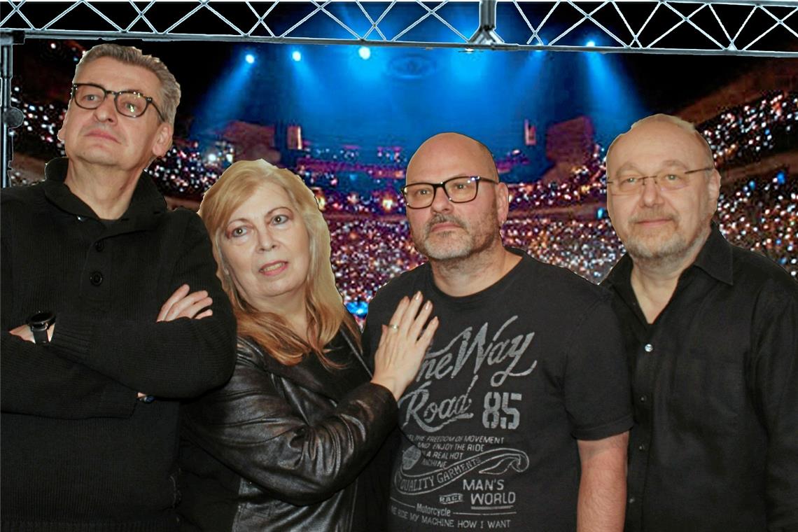 Rockband Geddess: eine Art musikalische Selbsthilfegruppe Die Band nimmt sich selbst nicht zu ernst. So posieren Rio Grau, Marina Heidrich, Steff Niebel und Wolfgang Baues (von links nach rechts) auf den offiziellen Bandfotos seit Jahren selbstironisch vor demselben bearbeiteten Hintergrund: einem ausverkauften Stadion. Foto: privat