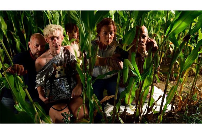 Die Bedrohten flüchten in ein Maisfeld, von links: Kommissar Dennis Eden (Stephan Zinner), Peekabou (Meik van Severen), Tulip (Patrice Grießmeier), Kommissarin Cris Blohm (Johanna Wokalek) und Menora (Bozi Kocevski) verstecken sich im Maisfeld.