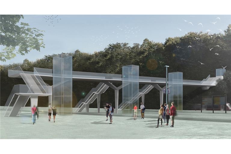 Die beiden äußeren Aufzüge der künftigen Backnanger Stadtbrücke am Bahnhof werden von der Stadt bezahlt, die beiden mittleren, die zu den Gleisen 2 bis 5 führen, sind Sache der Bahn. Im Gegensatz zu der vorliegenden Visualisierung führen die Treppen der Stadtbrücke künftig in die andere Richtung, also in Richtung Bahnhofsgebäude.Visualisierung: SBP