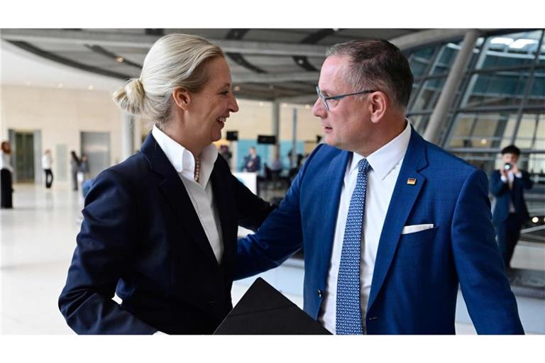 Die beiden AfD-Chefs Alice Weidel und Tino Chrupalla sind sich in der neuen Ausrichtung einig: an der Nato wird nicht gerüttelt, an der Mitgliedschaft zur EU zumindest nicht mehr aktiv.