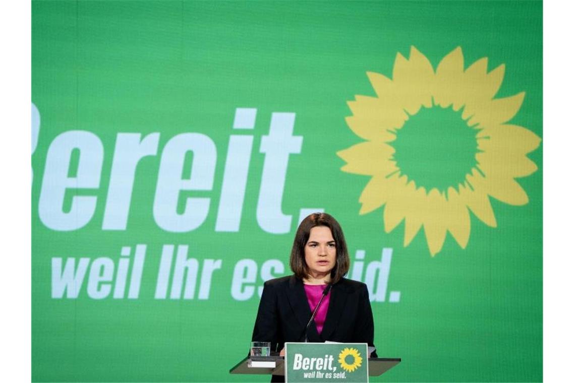 Grüne wollen Bedingungen für Einsatz von Kampfdrohnen prüfen Die belarussische Oppositionsführerin Swetlana Tichanowskaja appellierte an Deutschland und die anderen Länder Europas, ihr Land nicht im Stich zu lassen. Foto: Kay Nietfeld/dpa