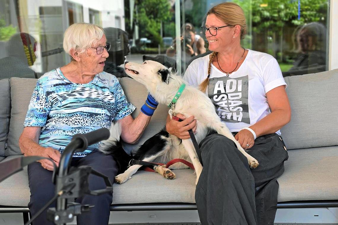 Die Bewohner und Bewohnerinnen im Murrhardter Schumm-Stift haben Roxy, die junge Hündin von Pflegedienstleiterin Margit Klunzinger, längst in ihr Herz geschlossen. Sie verwöhnen sie nicht nur mit Streicheleinheiten, sondern oft auch mit Leckerlis. Foto: Schumm Pflege gGmbH