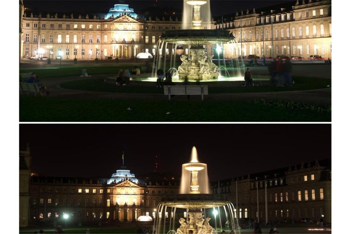 Die Bildkombo zeigt das Neue Schloss in Stuttgart vor (oben) und unbeleuchtet während der sogenannten „Earth Hour“. Foto: Sebastian Kahnert/dpa/Archivbild