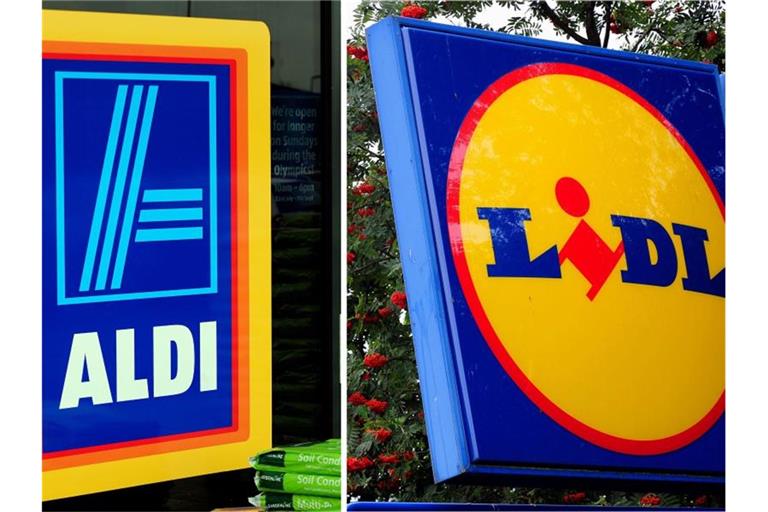 Die Bildkombo zeigt die Logos der deutschen Discounter Aldi (l) und Lidl. Die Schwarz-Gruppe mit ihren Töchtern Lidl und Kaufland und der Discounter Aldi haben ihren Platz unter den zehn größten Einzelhändlern weltweit behauptet. Foto: Pa/PA Wire/dpa