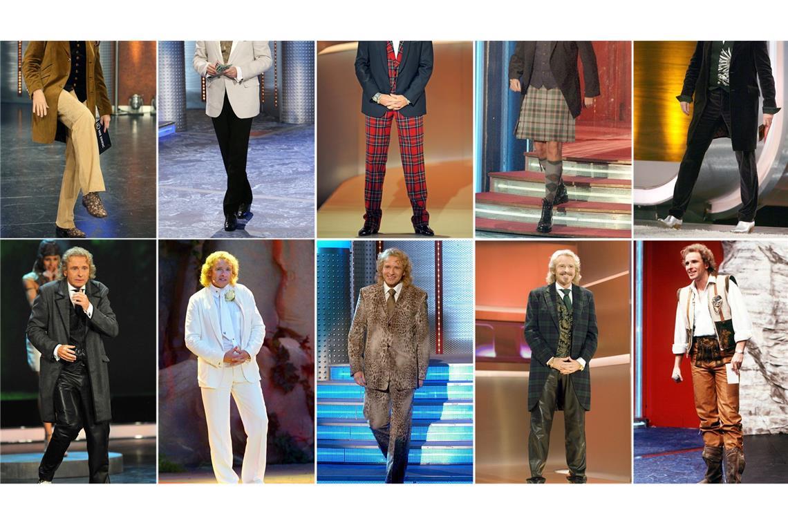 Frisch in TV-Rente - Thomas Gottschalk wird 75 Die Bildkombo zeigt Moderator Thomas Gottschalk in verschiedenen Outfits beim Auftritt in der ZDF-Show "Wetten, dass..?" (Archivfotos).