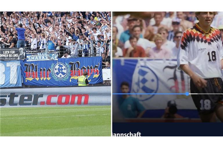 Die Blue-Boys-Fahne bei einem Heimspiel der Kickers (links) und in der Doku über die WM 94 in den USA.            


Foto:IMAGO/Pressefoto Baumann
