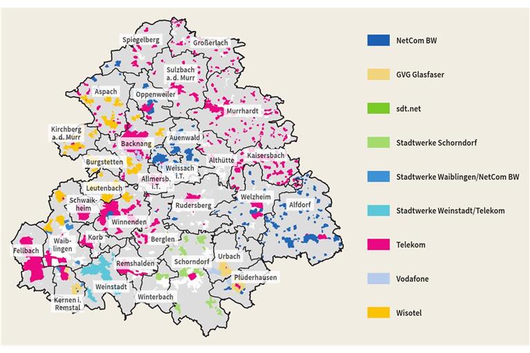 Die bunten und weißen Flächen sind besiedelt, also anschlussfähige Wohn- oder Gewerbegebiete. Für die weißen Flächen gibt es noch keine Entscheidung, welches Unternehmen dort den Breitbandausbau übernehmen wird. Grafik: Zweckverband Breitbandausbau Rems-Murr/Landratsamt