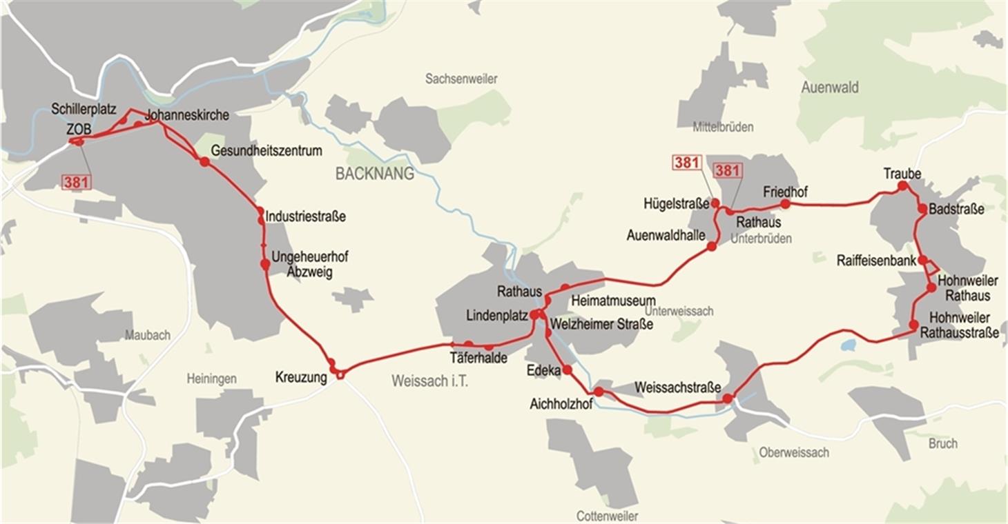 Neue Ära im Busverkehr Die Buslinie381 wurde komplett überarbeitet. Sie verbindet künftig als Ringlinie den Bahnhof Backnang mit den Gemeinden Weissach im Tal und Auenwald. Grafik: VVS/BKZ