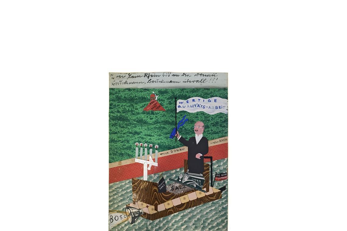 Die Collage von 1930 von Stotz zeigt Peter Bruckmann, Politiker,  Unternehmer und Impulsgeber für die Ausstellung „Die Wohnung“  im unermüdlichen Einsatz für Qualität von Stuttgart aus in die Welt schippernd.