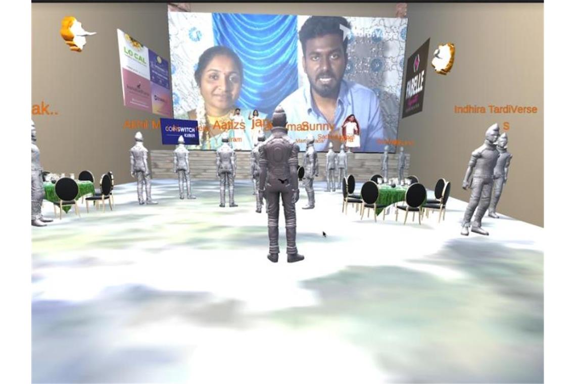 Die Computeranimation zeigt die virtuelle Hochzeit von Janaganandhini Ramaswamy und Dinesh Kshatriya. Foto: Vignesh/TardiVerse/dpa