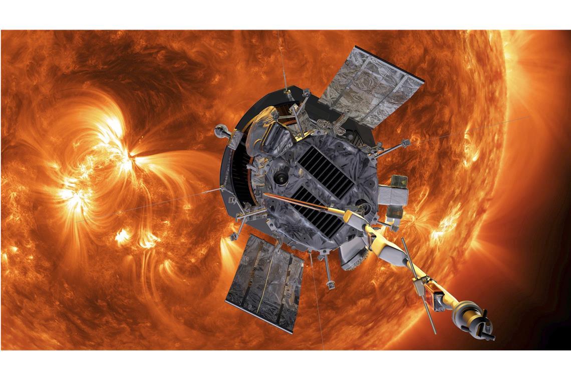 Nasa-Raumsonde kommt der Sonne so nah wie nie Die Computergrafik zeigt die „Parker Solar Probe“-Sonde der US-Raumfahrtbehörde Nasa auf dem Weg zur Sonne. Die Sonde ist durch die äußere Atmosphäre der Sonne geflogen und hat damit nach Angaben der US-Raumfahrtbehörde als erstes Raumschiff diesen Stern berührt.